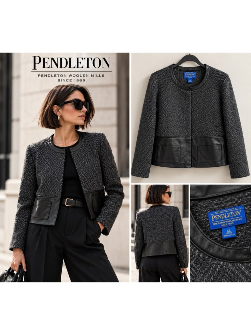 Pendleton XL Petite Lambswool Wool Leather Trim Jacket Gray Black Quiet Luxury